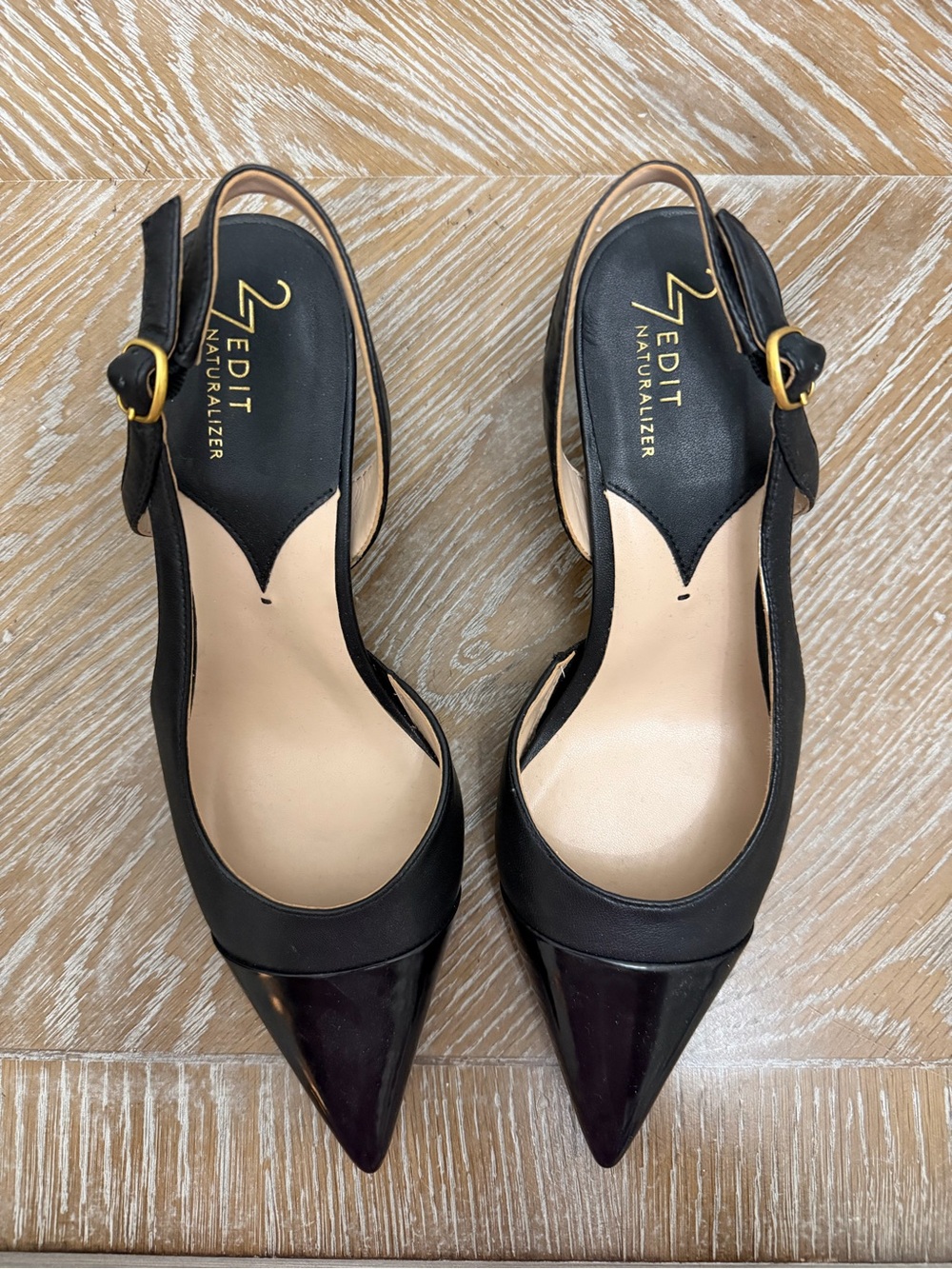 Naturalizer Black Pointed Slingback Pumps with Gold Buckle Accent